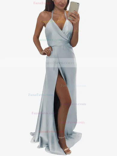 A-line Halter Silk-like Satin Floor-length Split Front Prom Dresses #Favs020104588