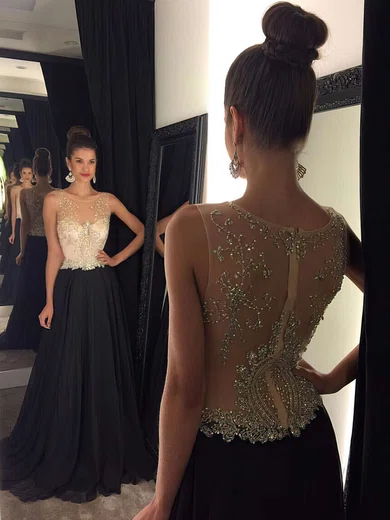 A-line Scoop Neck Chiffon Sweep Train Beading Prom Dresses #Favs020102320