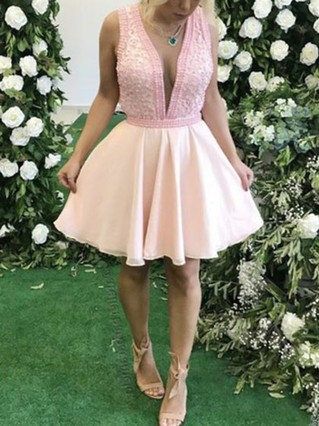 A-line V-neck Chiffon Short/Mini Homecoming Dresses With Sashes / Ribbons #Favs020111289