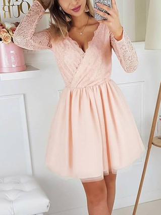 A-line V-neck Tulle Short/Mini Homecoming Dresses With Lace #Favs020111292 A-line V-neck Tulle Short/Mini Homecoming Dresses With Lace #Favs020111292