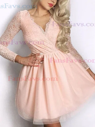 A-line V-neck Tulle Short/Mini Homecoming Dresses With Lace #Favs020111292