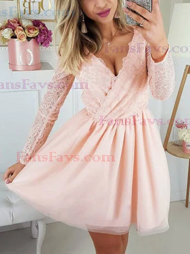 A-line V-neck Tulle Short/Mini Homecoming Dresses With Lace #Favs020111292