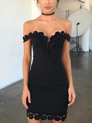 Sheath/Column Off-the-shoulder Jersey Short/Mini Homecoming Dresses With Lace #Favs020111296