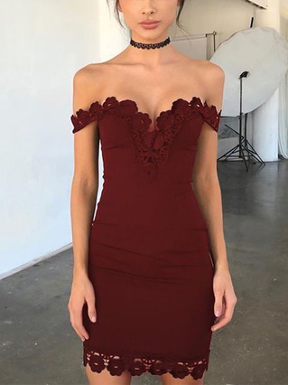 Sheath/Column Off-the-shoulder Jersey Short/Mini Homecoming Dresses With Lace #Favs020111297