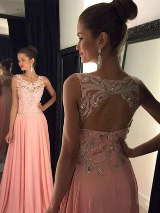 A-line Scoop Neck Chiffon Sweep Train Appliques Lace Prom Dresses #Favs020102395