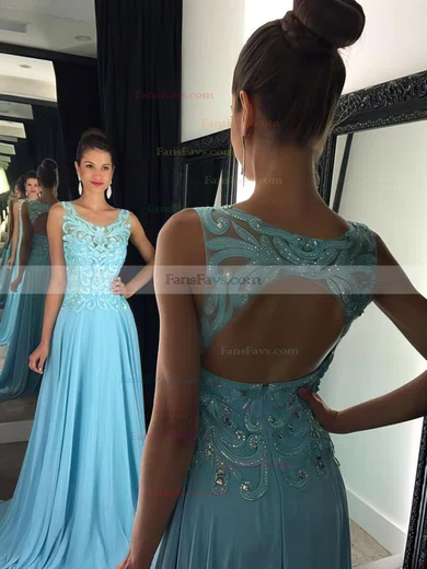 A-line Scoop Neck Chiffon Sweep Train Appliques Lace Prom Dresses #Favs020102395