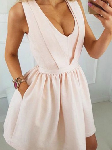 A-line V-neck Satin Short/Mini Homecoming Dresses With Pockets #Favs020111299
