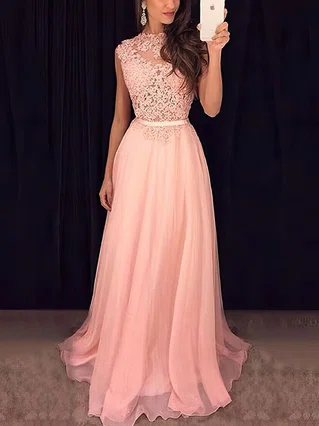 A-line Scoop Neck Chiffon Sweep Train Appliques Lace Prom Dresses #Favs020102396