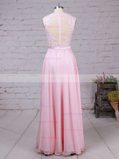 A-line Scoop Neck Chiffon Sweep Train Appliques Lace Prom Dresses #Favs020102396