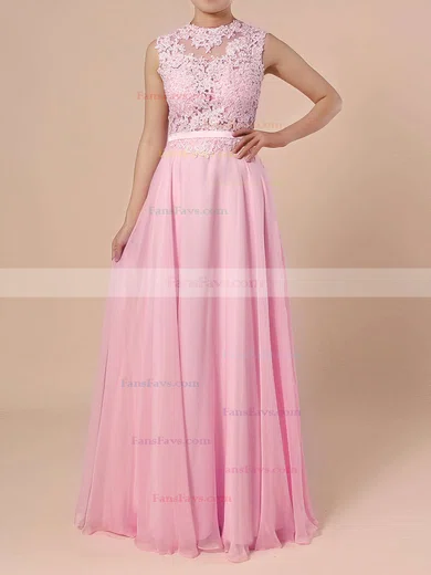 A-line Scoop Neck Chiffon Sweep Train Appliques Lace Prom Dresses #Favs020102396