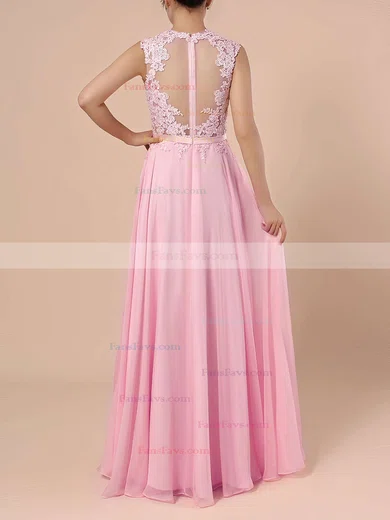 A-line Scoop Neck Chiffon Sweep Train Appliques Lace Prom Dresses #Favs020102396