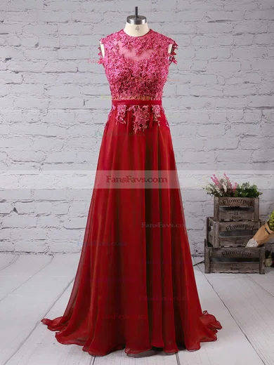 A-line Scoop Neck Chiffon Sweep Train Appliques Lace Prom Dresses #Favs020102396