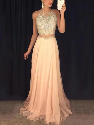 A-line Scoop Neck Tulle Chiffon Sweep Train Beading Prom Dresses #Favs020102442 A-line Scoop Neck Tulle Chiffon Sweep Train Beading Prom Dresses #Favs020102442