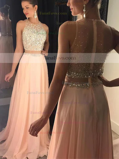 A-line Scoop Neck Tulle Chiffon Sweep Train Beading Prom Dresses #Favs020102442