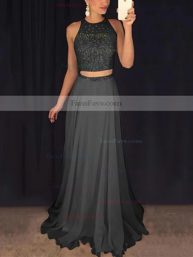 A-line Scoop Neck Tulle Chiffon Sweep Train Beading Prom Dresses #Favs020102442