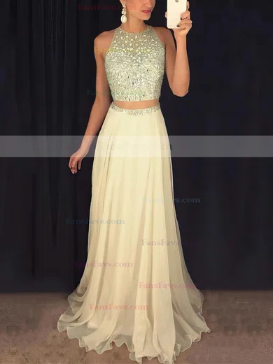 A-line Scoop Neck Tulle Chiffon Sweep Train Beading Prom Dresses #Favs020102442