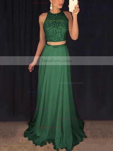 A-line Scoop Neck Tulle Chiffon Sweep Train Beading Prom Dresses #Favs020102442
