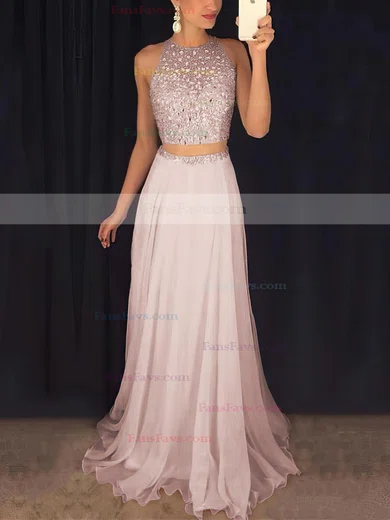 A-line Scoop Neck Tulle Chiffon Sweep Train Beading Prom Dresses #Favs020102442