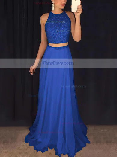 A-line Scoop Neck Tulle Chiffon Sweep Train Beading Prom Dresses #Favs020102442