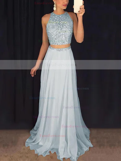 A-line Scoop Neck Tulle Chiffon Sweep Train Beading Prom Dresses #Favs020102442