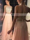A-line Scoop Neck Tulle Chiffon Sweep Train Beading Prom Dresses #Favs020102442
