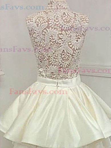 A-line High Neck Lace Satin Knee-length Homecoming Dresses With Tiered #Favs020111321