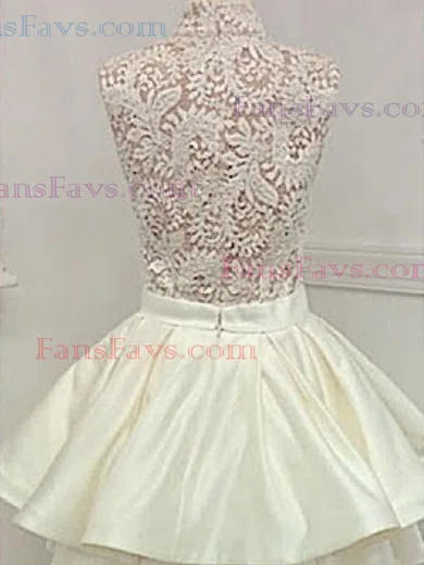 A-line High Neck Lace Satin Knee-length Homecoming Dresses With Tiered #Favs020111321