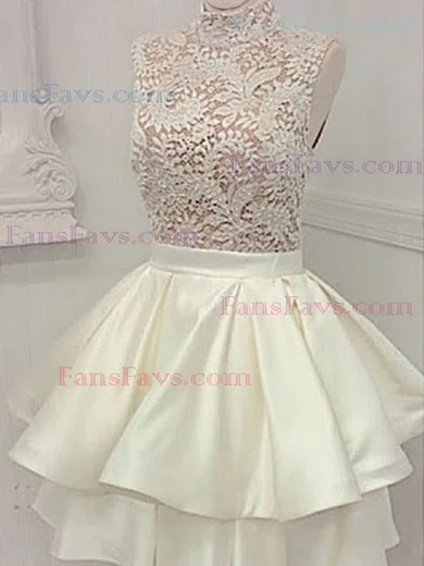 A-line High Neck Lace Satin Knee-length Homecoming Dresses With Tiered #Favs020111321