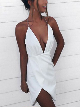 Sheath/Column V-neck Stretch Crepe Asymmetrical Homecoming Dresses With Split Front #Favs020111323