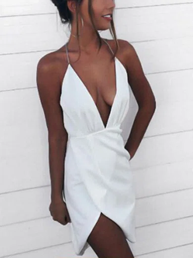 Sheath/Column V-neck Stretch Crepe Asymmetrical Homecoming Dresses With Split Front #Favs020111323