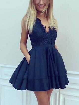 A-line V-neck Satin Short/Mini Homecoming Dresses With Appliques Lace #Favs020111325 A-line V-neck Satin Short/Mini Homecoming Dresses With Appliques Lace #Favs020111325