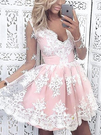 A-line V-neck Lace Tulle Short/Mini Homecoming Dresses With Appliques Lace #Favs020111327