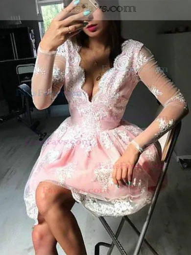 A-line V-neck Lace Tulle Short/Mini Homecoming Dresses With Appliques Lace #Favs020111327