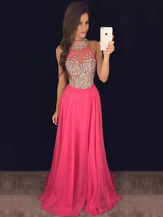 A-line High Neck Chiffon Sweep Train Beading Prom Dresses #Favs020102445