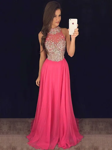 A-line High Neck Chiffon Sweep Train Beading Prom Dresses #Favs020102445