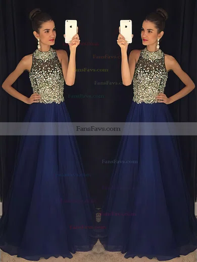 A-line High Neck Chiffon Sweep Train Beading Prom Dresses #Favs020102445