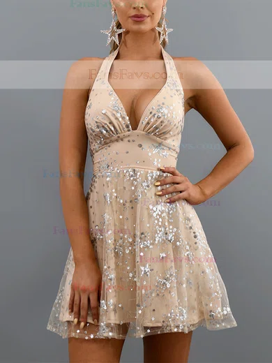 A-line Halter Tulle Short/Mini Homecoming Dresses With Sequins #Favs020111329
