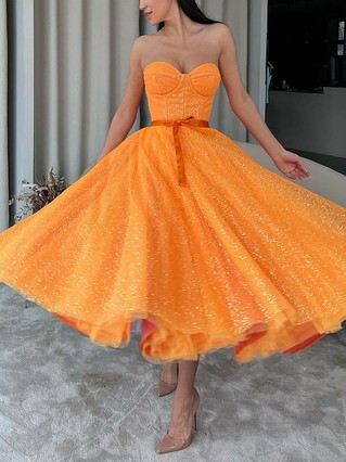 A-line Sweetheart Glitter Tea-length Homecoming Dresses With Sashes / Ribbons #Favs020111345 A-line Sweetheart Glitter Tea-length Homecoming Dresses With Sashes / Ribbons #Favs020111345