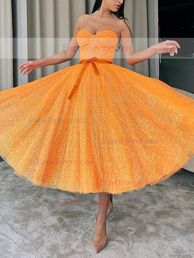 A-line Sweetheart Glitter Tea-length Homecoming Dresses With Sashes / Ribbons #Favs020111345