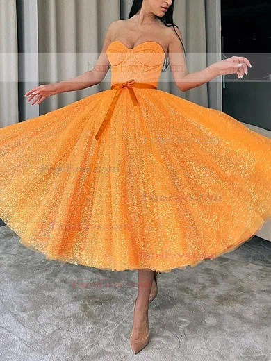 A-line Sweetheart Glitter Tea-length Homecoming Dresses With Sashes / Ribbons #Favs020111345