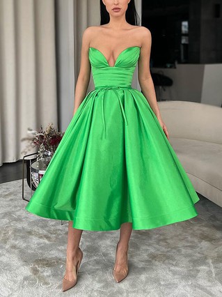 Ball Gown V-neck Satin Tea-length Homecoming Dresses With Pockets #Favs020111349