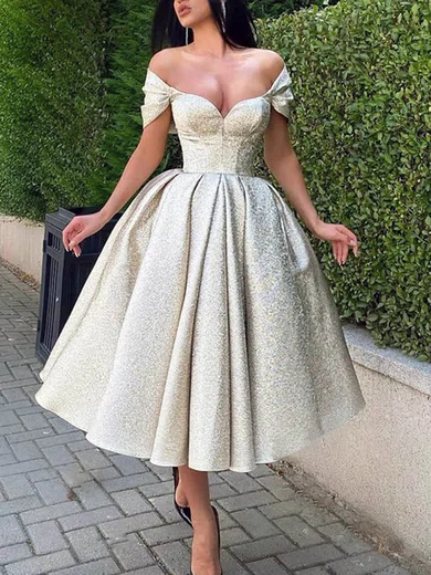 Ball Gown Off-the-shoulder Shimmer Crepe Tea-length Homecoming Dresses #Favs020111350