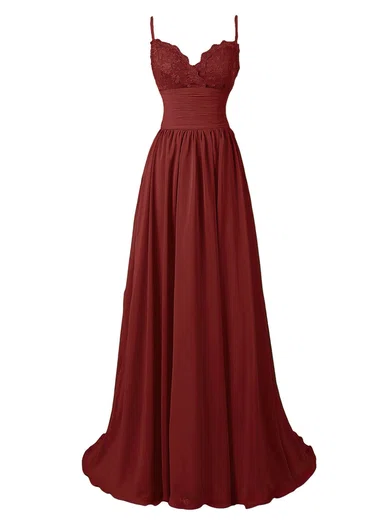 A-line V-neck Sweep Train Chiffon Appliques Lace Prom Dresses #Favs020102675