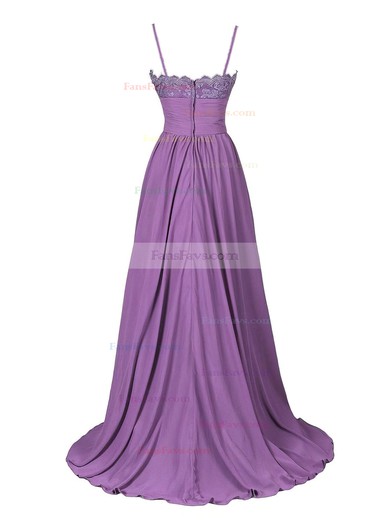 A-line V-neck Sweep Train Chiffon Appliques Lace Prom Dresses #Favs020102675