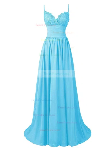 A-line V-neck Sweep Train Chiffon Appliques Lace Prom Dresses #Favs020102675