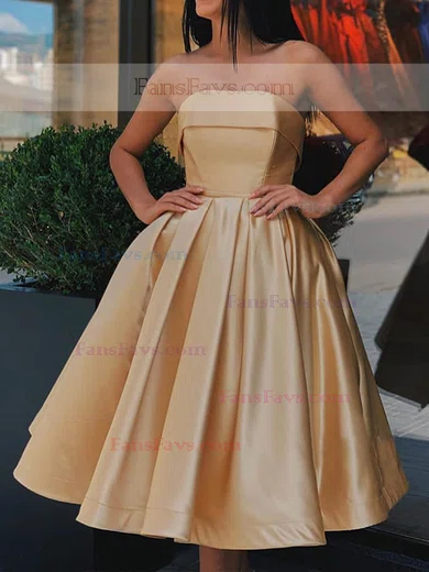 A-line V-neck Satin Tea-length Homecoming Dresses With Pockets #Favs020111359