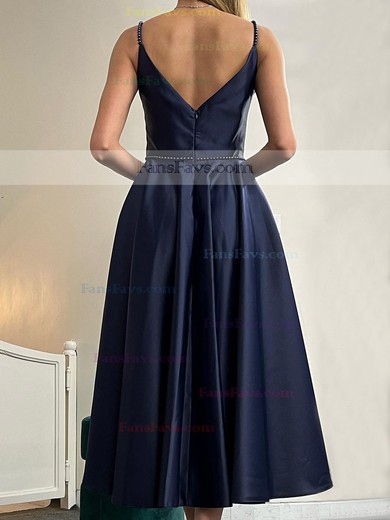 A-line V-neck Satin Ankle-length Homecoming Dresses With Pockets #Favs020111365