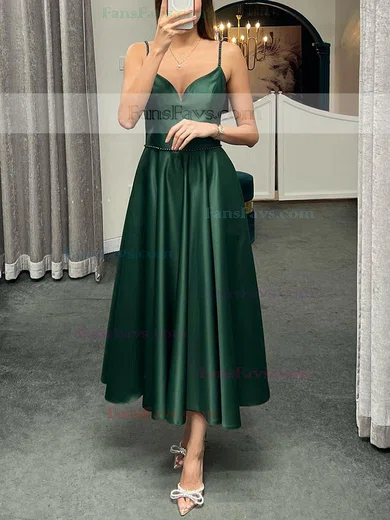 A-line V-neck Satin Ankle-length Homecoming Dresses With Pockets #Favs020111365