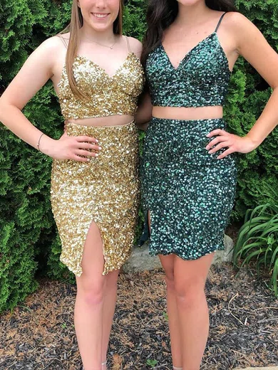 Sheath/Column V-neck Sequined Short/Mini Homecoming Dresses With Split Front #Favs020111377