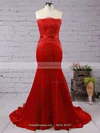 Trumpet/Mermaid Strapless Satin Sweep Train Appliques Lace Prom Dresses #Favs020102860